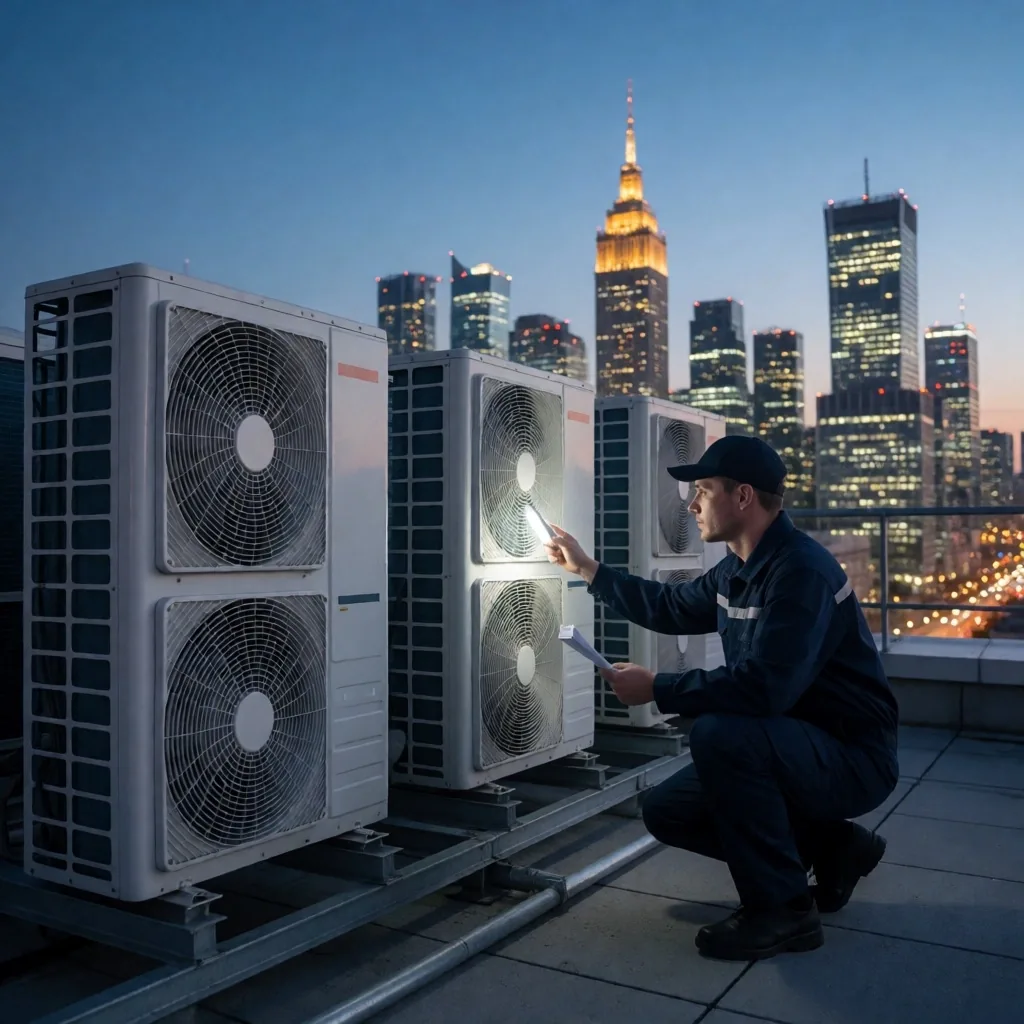 Serwis klimatyzacji rooftopowej na budynku biurowym w Warszawie