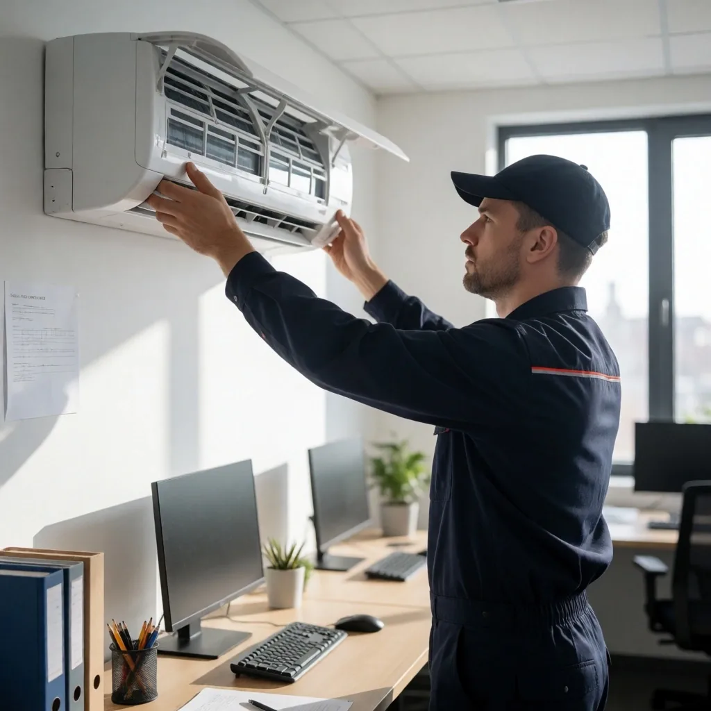 Technician servicing air conditioner unit in Warsaw apartment