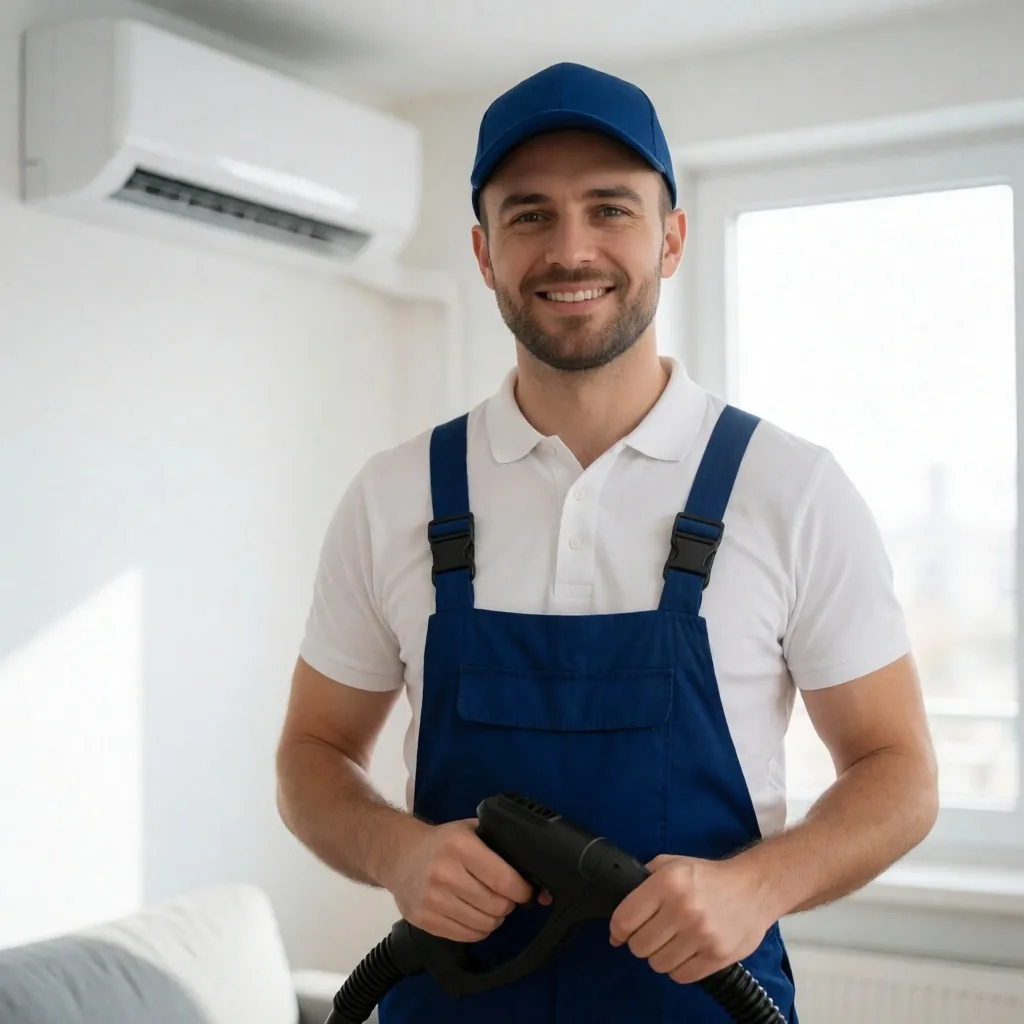 Technician cleaning air conditioner fins with professional spray