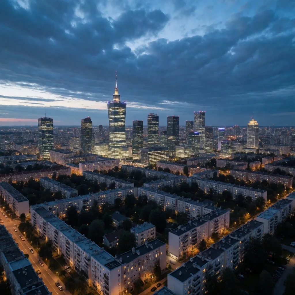 Panorama centrum Warszawy o zmierzchu — obszar działania serwisu KlimaClean
