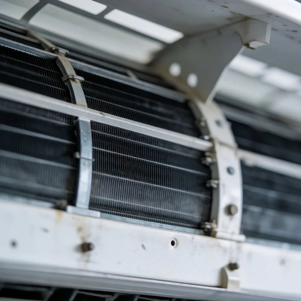 Zabrudzony parownik klimatyzacji z widoczną pleśnią i kurzem przed czyszczeniem
